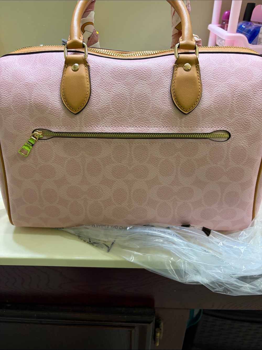 Coach Pink Signature Satchel with Pearl Chain & Floral Charm - Picture 2 of 7